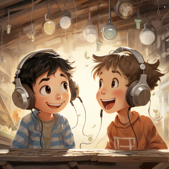 Learning phonics. Two boys sitting down together listening to audios, in the style of speedpainting, lively tavern scenes, light brown and gray, cute and dreamy, rinpa school, vibrant comics, thx sound, they seem to be enjoying what they are listening.