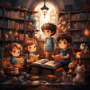 A group of children enjoy reading in a library