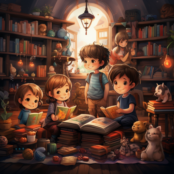 A group of children enjoy reading in a library