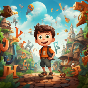 an image of a young boy standing next to a town full of letters.