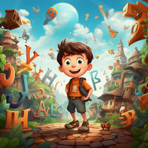 an image of a young boy standing next to a town full of letters.