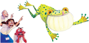 "Cover of the book 'Croak – the Tale of a Frog', featuring a playful scene where a frog surprises a classroom, bringing humor and fun to the students and teacher."