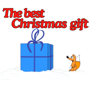 Cover of the book 'The Best Christmas Gift' showing a small fox named Bubu standing in the snow, holding a sack of gifts, with a snowy forest in the background.