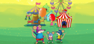 Cover of the book 'A Day at the Carnival' showing three mouse brothers happily standing together with carnival rides in the background.