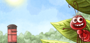 Cover of the book 'Peepre in the Postbox – The Story of a Letter' showing an ant named Peepre looking at a red postbox with curiosity.