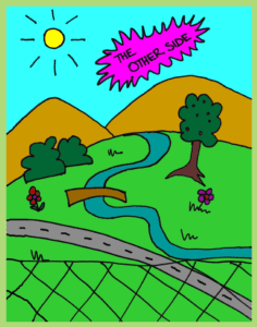 Cover of the book 'Big Mac and Little Dipper: The Other Side' showing two dogs, Mac and Dipper, looking through a hole in a fence with curious expressions, with a garden in the background.