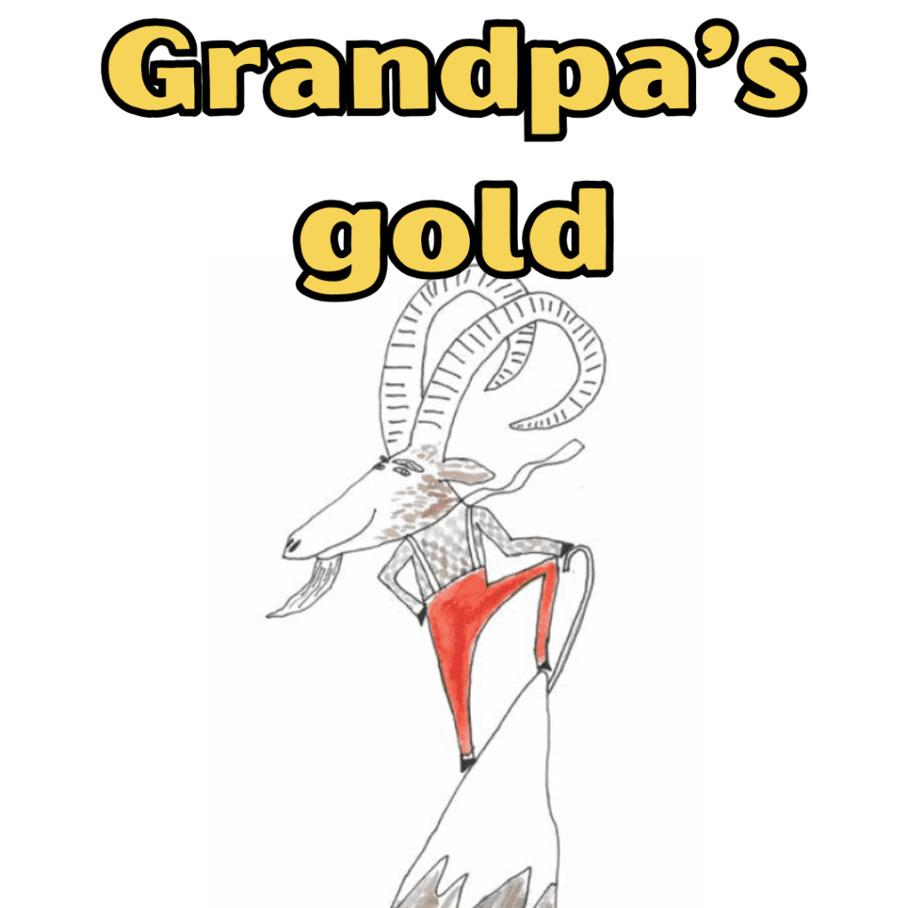 Illustration of a group of animal children laughing and talking, with Monkey proudly pointing to his grandpa holding a glass of water.