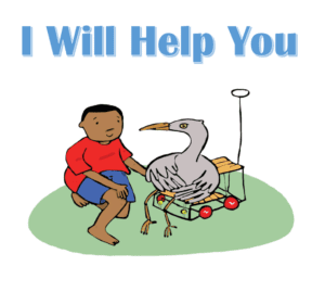 Illustration of Lungile helping Mama Heron with her injured wing, standing near a river surrounded by trees and nature.