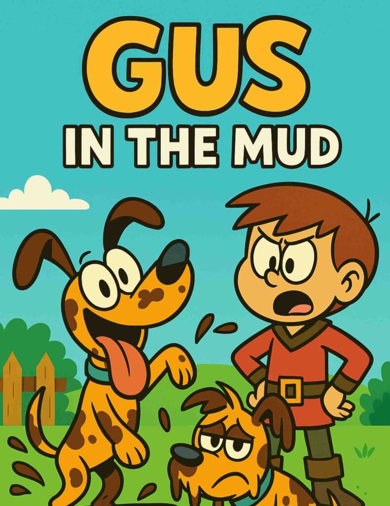 Illustration of a muddy dog named Gus being washed in a tub by Bud, highlighting the short /u/ sound for phonics learning.