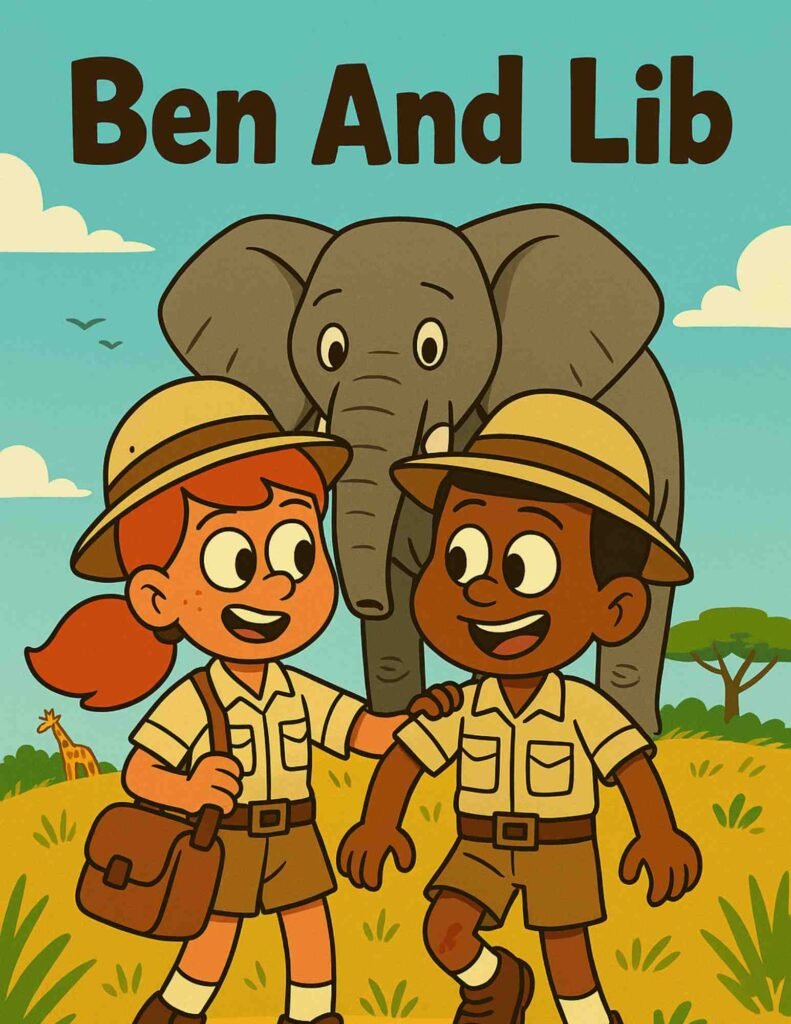 Ben falls near a bus, and Lib helps him up—illustrating friendship and the /b/ sound in a phonics-based story.