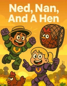 Nan catches a fast hen with a net while Ned watches after failing to catch it himself.