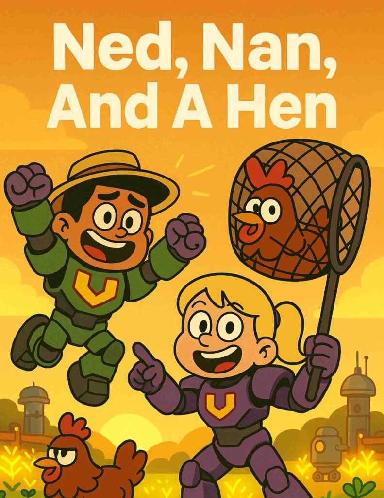 Nan catches a fast hen with a net while Ned watches after failing to catch it himself.