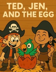 Ted uses a net to rescue a red egg after it falls from the bed, while Jen watches nearby.